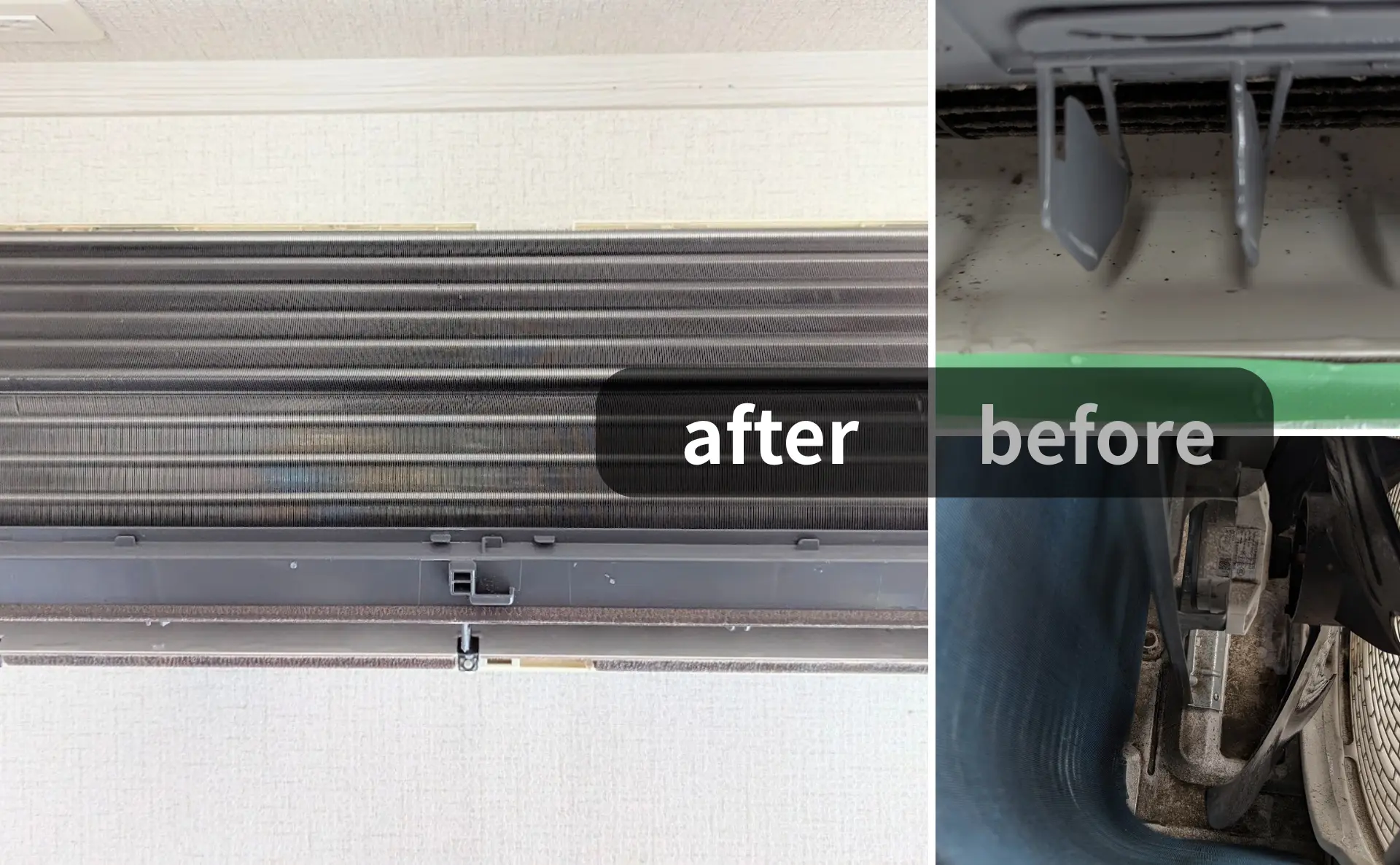 栗山町のエアコンクリーニング｜家庭向け｜before＆after画像｜右下：室外機の汚れ（before）｜右上：吹き出し口の汚れ（before）｜左画像：洗浄後の熱交換器｜ステラ清掃化学