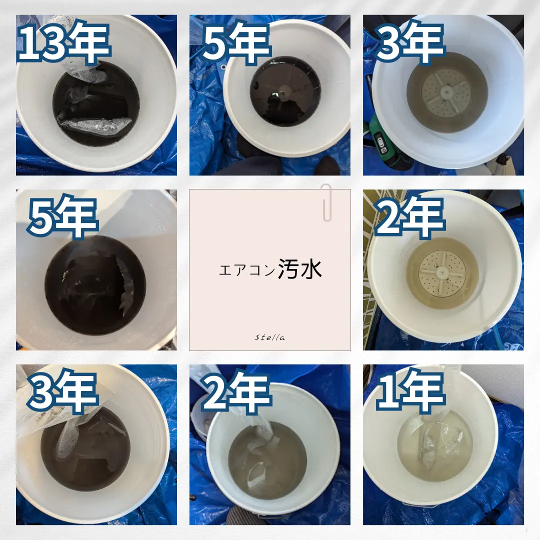 エアコン洗浄水の違い（1年・2年・3年・5年・13年以上）